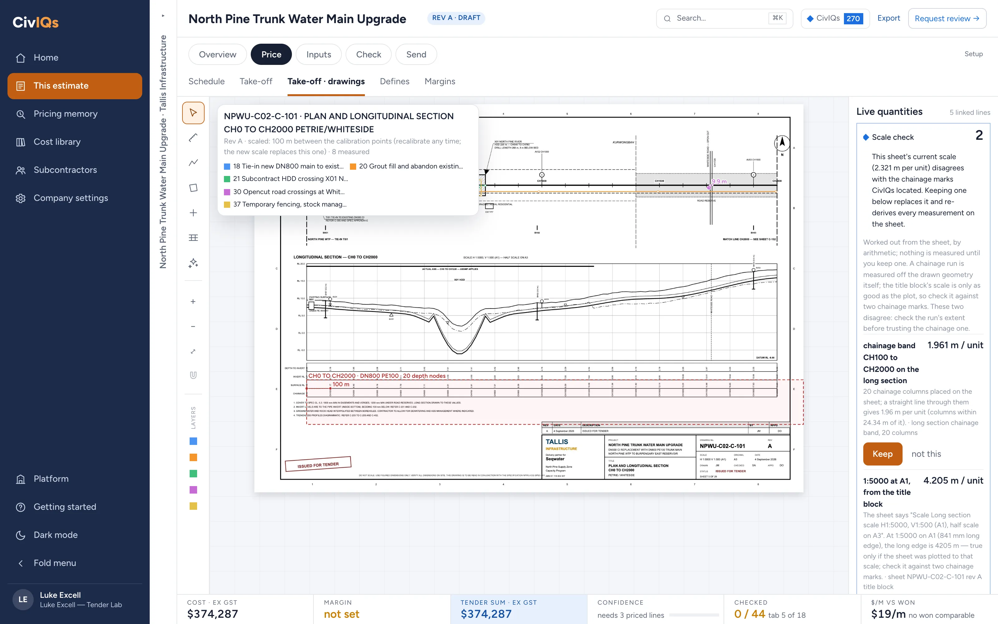 The drawing take-off in CivIQs: a plan and longitudinal section sheet with 20 depth nodes read from it, a scale check, and the live quantities panel.
